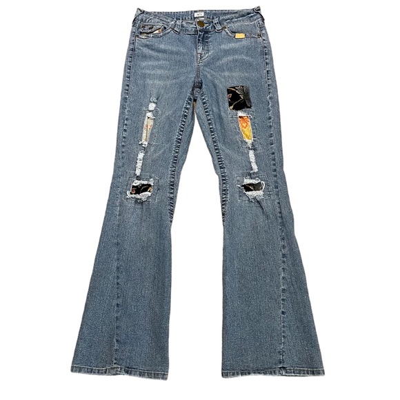 Cache Denim - Cache Boho Patchwork Distressed Flare Jeans. Size 12
